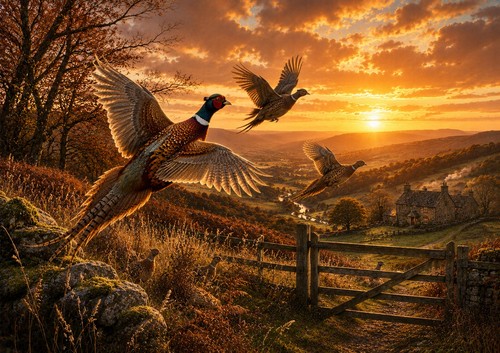 Pheasant family sunset - a4,