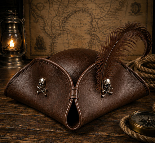 Brown leather pirate tricorn - brown,