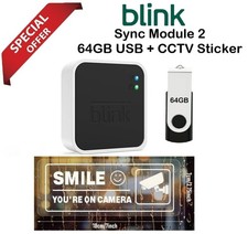 Blink Home Security System Sync Module 2 + 64GB USB + Clear CCTV Window Sticker