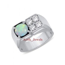 Natural Fire Opal And CZ With 14K White Gold Plated Silver Ring for Men's #516