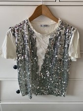 Zara Sequin Tshirt Top White Silver Small