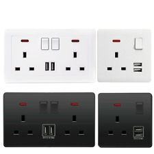 Double Wall Plug Socket 2 Gang 13A w/ 2 Charger USB Ports Outlets Flat Plate UK