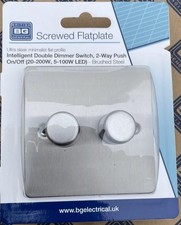 BG Double Dimmer Switch Brushed Steel Screwless 400W 2 Way Push On Off Slim Pro