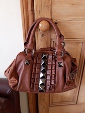 Betsey Johnson Tan Leather Studded Tuxedo Handbag With Detachable Shoulder Strap