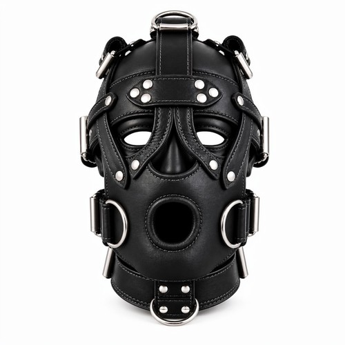 Black leather full face hood - leather,