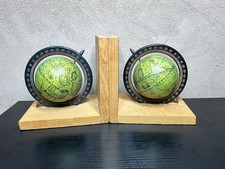 Vintage Wooden Pair of Spinning Old World Globe Bookends - Slight Fading.