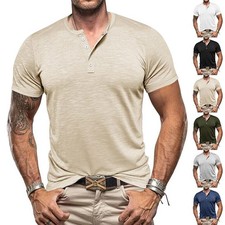 Men's Henley Grandad T Shirts Bamboo Tee Summer Short Sleeve Casual Loose Tops