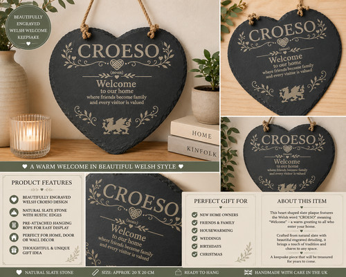 Welsh croeso slate heart - welsh,
