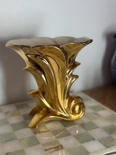 Vintage Crown Devon Gold Lustre Vase – Art Deco Revival Ceramic Scroll Base