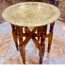 Moroccan Brass Tray Table,Handmade Folding Wood Stand,Boho Decor Accent