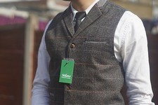 Mens Milano Tweed Waistcoat Notched Lapel  Vintage Collared Check Slim Fit