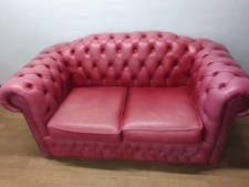VINTAGE CHESTERFIELD 2 SEATER STUDDED SOFA IN FADED RED / PINK GENUINE LEATHER