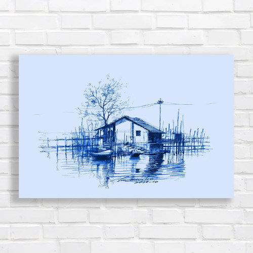 Lakeside cabin sketch - lakeside, blue