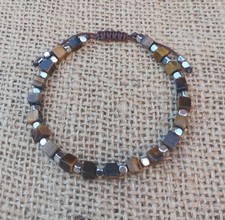 TIGERS EYE & SILVER HEMATITE GEMSTONE CUBE BEAD HANDMADE ADJUSTABLE  BRACELET