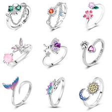 European Elegant Open Ring 925 Sterling Silver CZ Butterfly Sunflower for Women