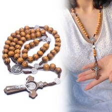 Wooden Rosary Necklace Crucifix Catholic Cross Prayer Worry Bead Jewellery Brown