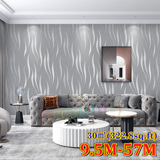 Silver Grey Wallpaper Roll 3D Damask Wave Stripe Embossed Textured Wall*Covering