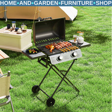 Barbecue Grill 2 Burner Suitcase Portable w/ Lid, Thermometer & Drip Tray Black