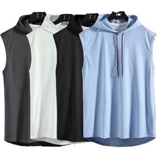 Men Gym Sleeveless Hoodie Fitness Sports Muscle Hooded Vest T-Shirt Tank Tops UK