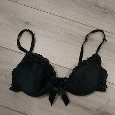 Vintage La Senza Black Satin Frilled Push Up Padded Bra Size 34D
