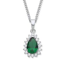 Sterling Silver 925 simulated EMERALD & CZ Teardrop Pendant Necklace 16 18 20"