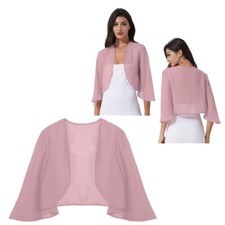 Womens Chiffon Solid Bolero Shrug Jackets Open Front 3/4Sleeve Cropped Cardigan