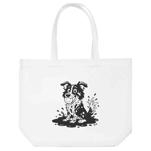 Muddy border collie shopping - 'muddy,