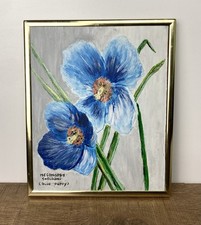 Vintage Oil Painting Blue Poppy Flowers Still Life Framed
