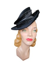 Vintage 1940s Black Felt Tilt Hat With Huge Feather