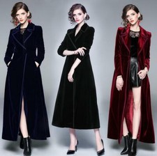 Womens Ladies Luxury Long Velvet Coat Notch Collar Trench Coat Overcoat Formal