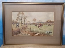 Original Watercolour Painting Horse & Hounds Country Scene Landscape Signed 