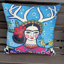 Frida Kahlo Antler Birds Graphic Print Cushion Bright Funky Retro Colourful