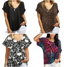 Women Ladies Oversized Baggy Loose Fit Turn up Batwing Sleeve V Neck T shirt Top