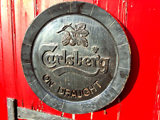 VINTAGE CARLSBERG ON DRAUGHT BARREL END BLACK WOOD STYLE WALL SIGN