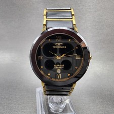 Technos Watch Men 33mm Black Dial Two Tone Date Round T9120 New Battery