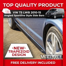 FOR VW T5 10-15 TRANSPORTER LWB SPORTLINE STYLE ANGLED TRAPEZOID BLACK SIDE BARS