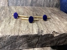 Vintage Blue Oval Centre Spring Loaded 3 Dress Studs Tuxedo Shirt Buttons