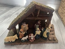 Vintage Christmas Nativity scene wooden stable porcelain ornament figures 
