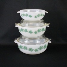 PHOENIX Opalware Green Ivy 3x Glass Casserole Dishes Vintage 1960s - EHB
