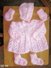 NEW 4 piece Baby Pink matinee set new 0-3 m coat bonnet boots Mitts Hand knitted