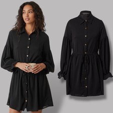 Womens Black Short Dress Shirt Long Sleeves  Belt Lined Petite Bust 34in Size 6