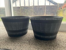 2 Pcs New 33 CM Large Plastic Grey Barrel Flower Plant Pot Garden Container Tub