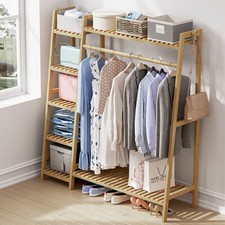 Heavy Duty Wooden Clothes Rail Rack Garment Hanging Stand Corner Open Wardrobe