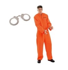 Mens Orange Prisoner Costume Adult Convict Jail Jumpsuit Fancy Dress Size Large
