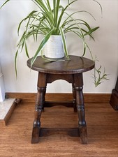 Antique Round Oak Joint Stool Side Table with Carry Handle Makers Mark to Base