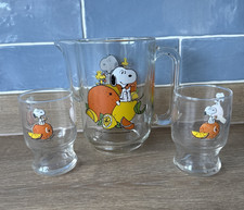 Peanuts Snoopy Glass Juice Jug Pitcher & 2 Glasses Arcoroc France