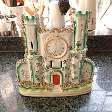Antique Staffordshire Pottery Spill Vase Castle with Turrets & Clock c.1860