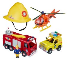 NEW damaged BOX  FIREMAN SAM Friction 3 Vehicle Playset Train FIRE ENGINE HELI