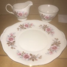 Vintage bone china tea service Queen Anne. Dessert Plate Milk Jug And Sugar Bowl