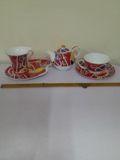 The Leonardo Collection Teapot, Cup, Saucer : Abstract Wave Design : Red Set